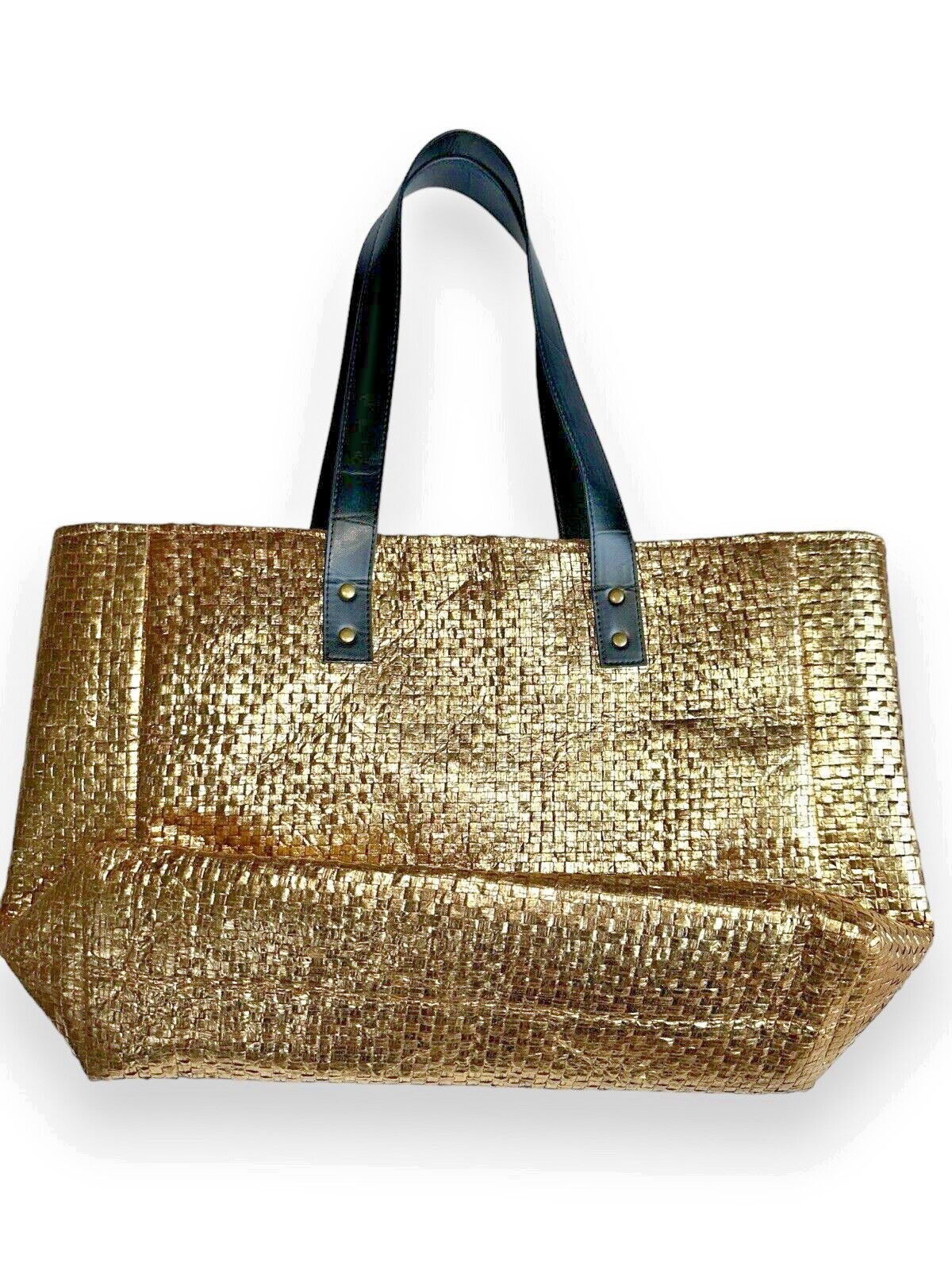 Signature Club A Gold Metallic Woven Straw Tote Bag Large Shoulder Purse Coastal