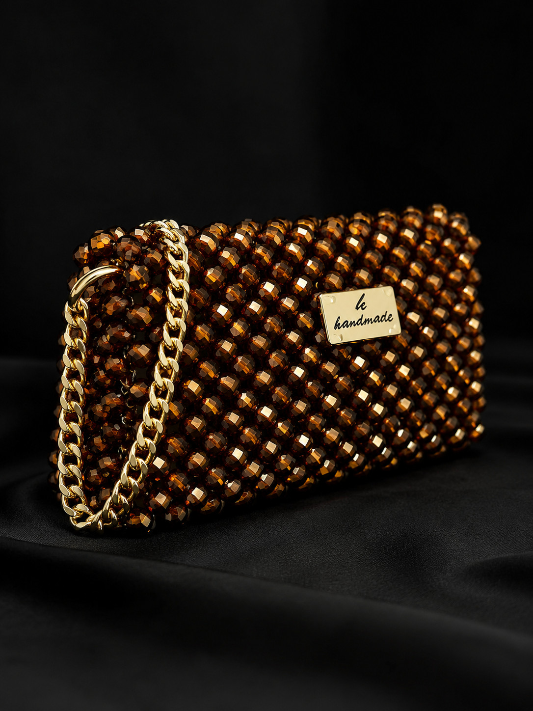 Handmade Brown Crystal Beaded Evening Bag Gold Chain Clutch Crossbody Purse