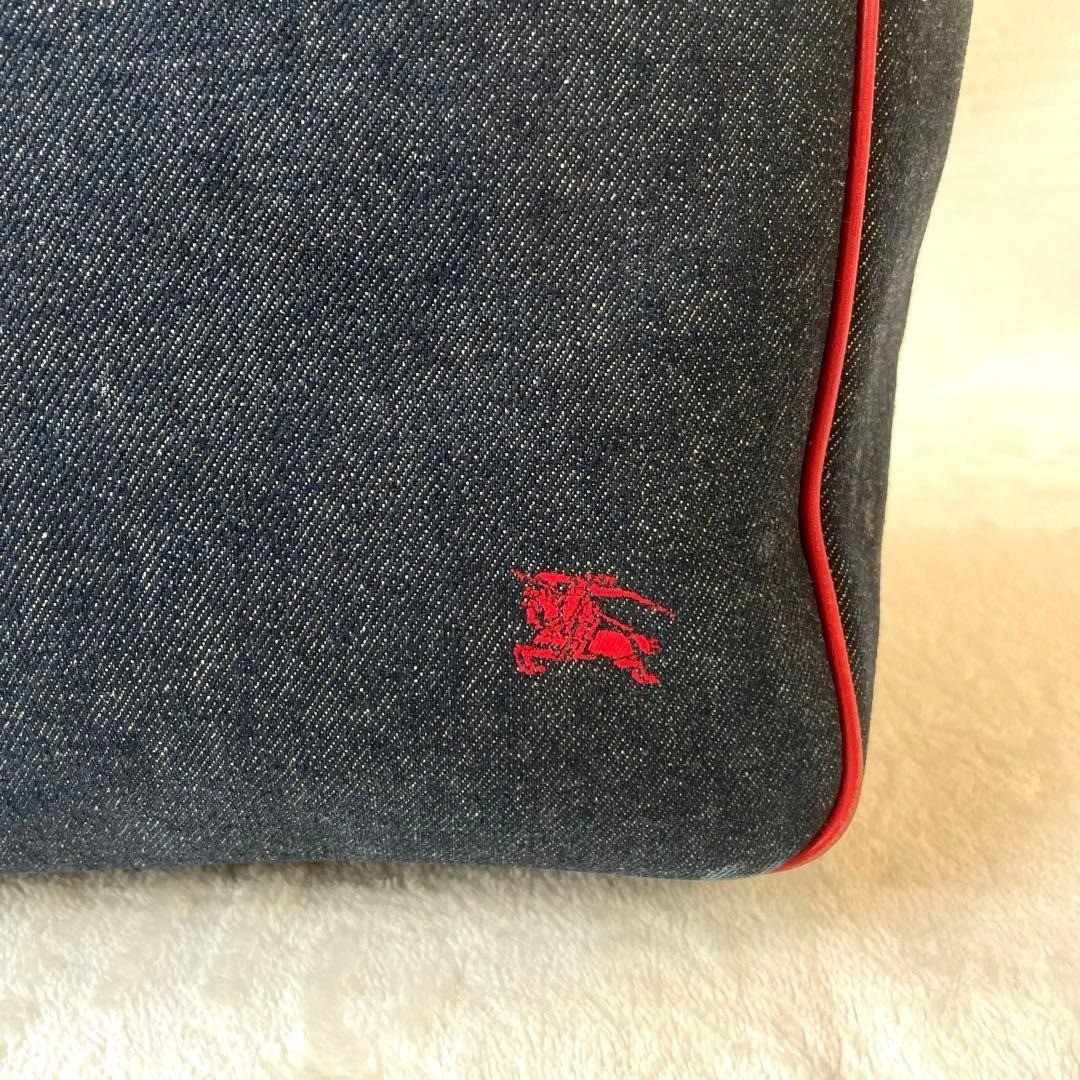 BURBERRY BLUE LABEL Denim Tote Bag Red Handles Cotton Canvas Women’s Handbag