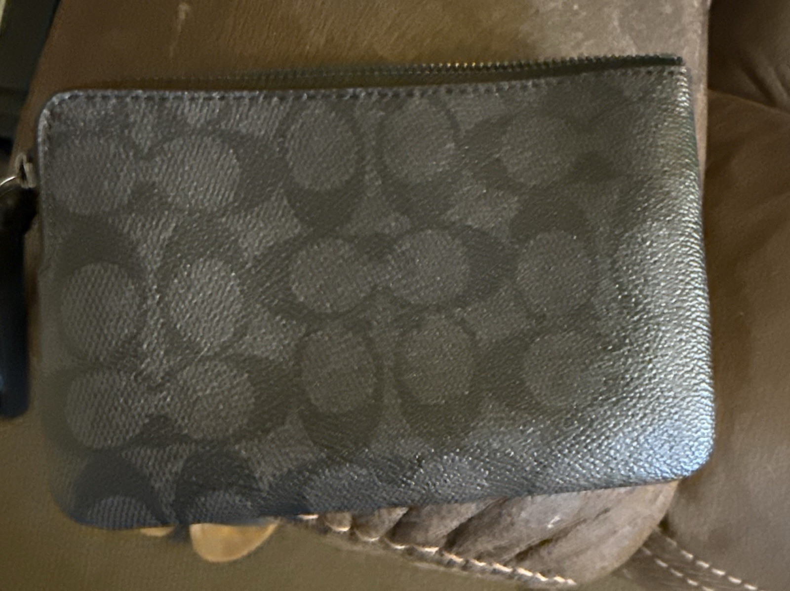 Coach Signature Black Gray Zip Wristlet Pouch with Strap, Lined, Silver
