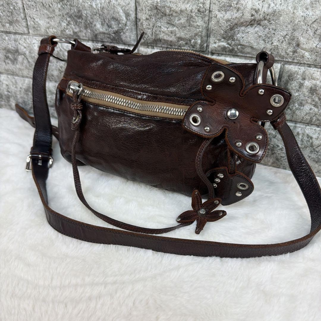 Miu Miu Vintage Leather Shoulder Bag Dark Brown Studded Auth