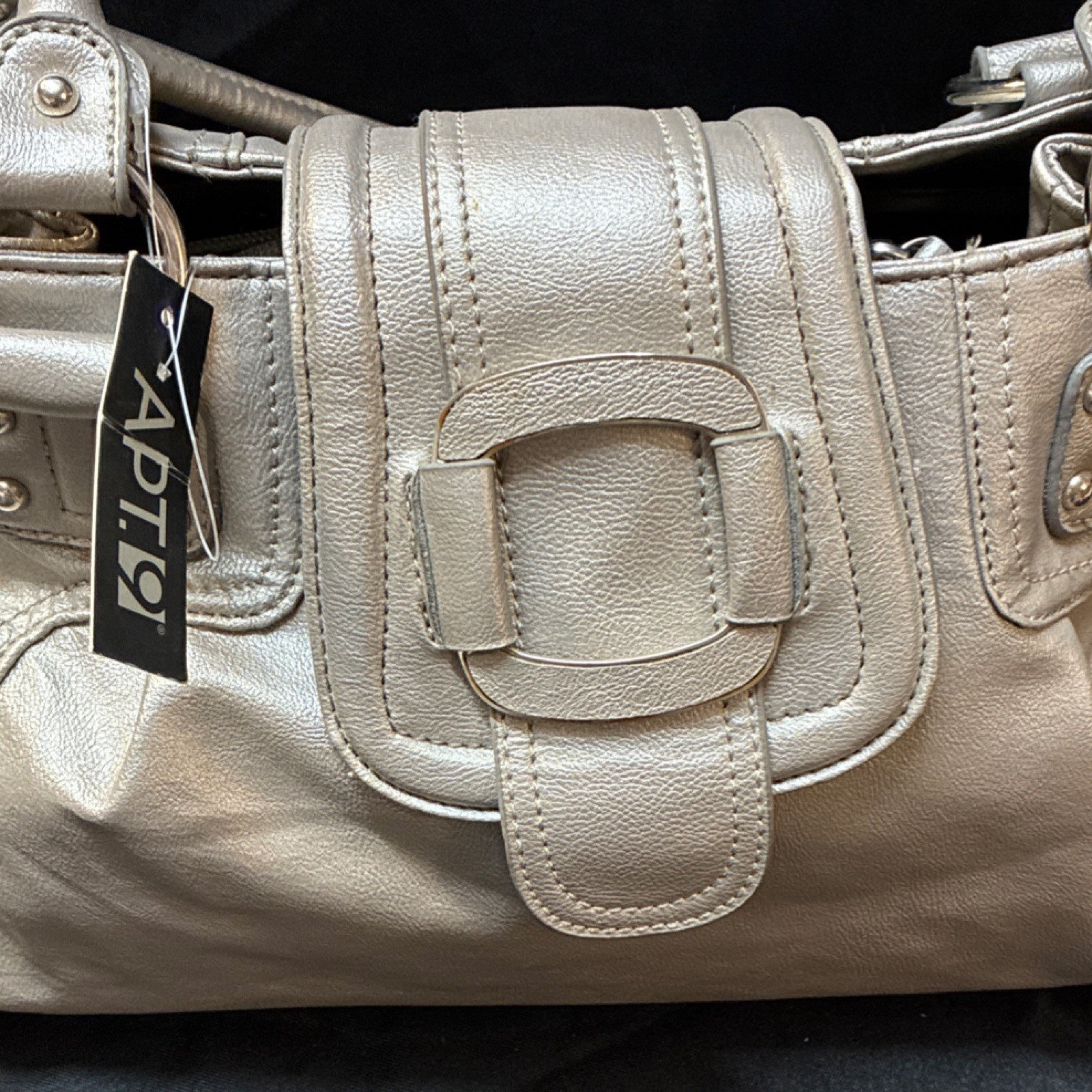 Apt. 9 Pewter Metallic Square Buckle Studded Satchel Strap Accent Handbag Y2K