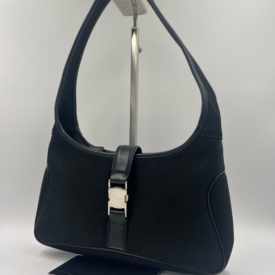 Salvatore Ferragamo Black Canvas Leather Shoulder Bag Woven Strap Silver Buckle