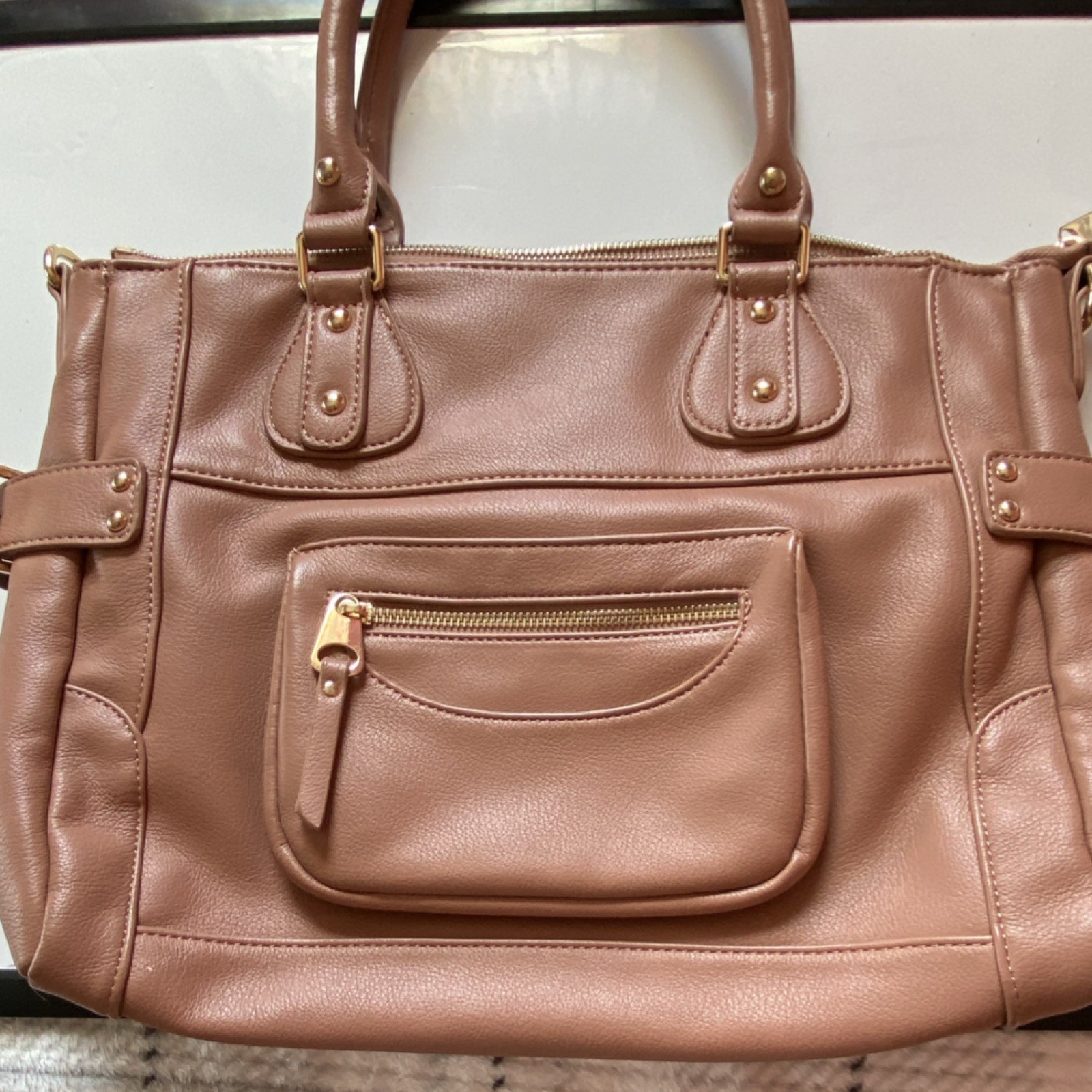 Urban Expressions Brown Shoulder Bag Gold Hardware Zipper Stud Accents Pockets