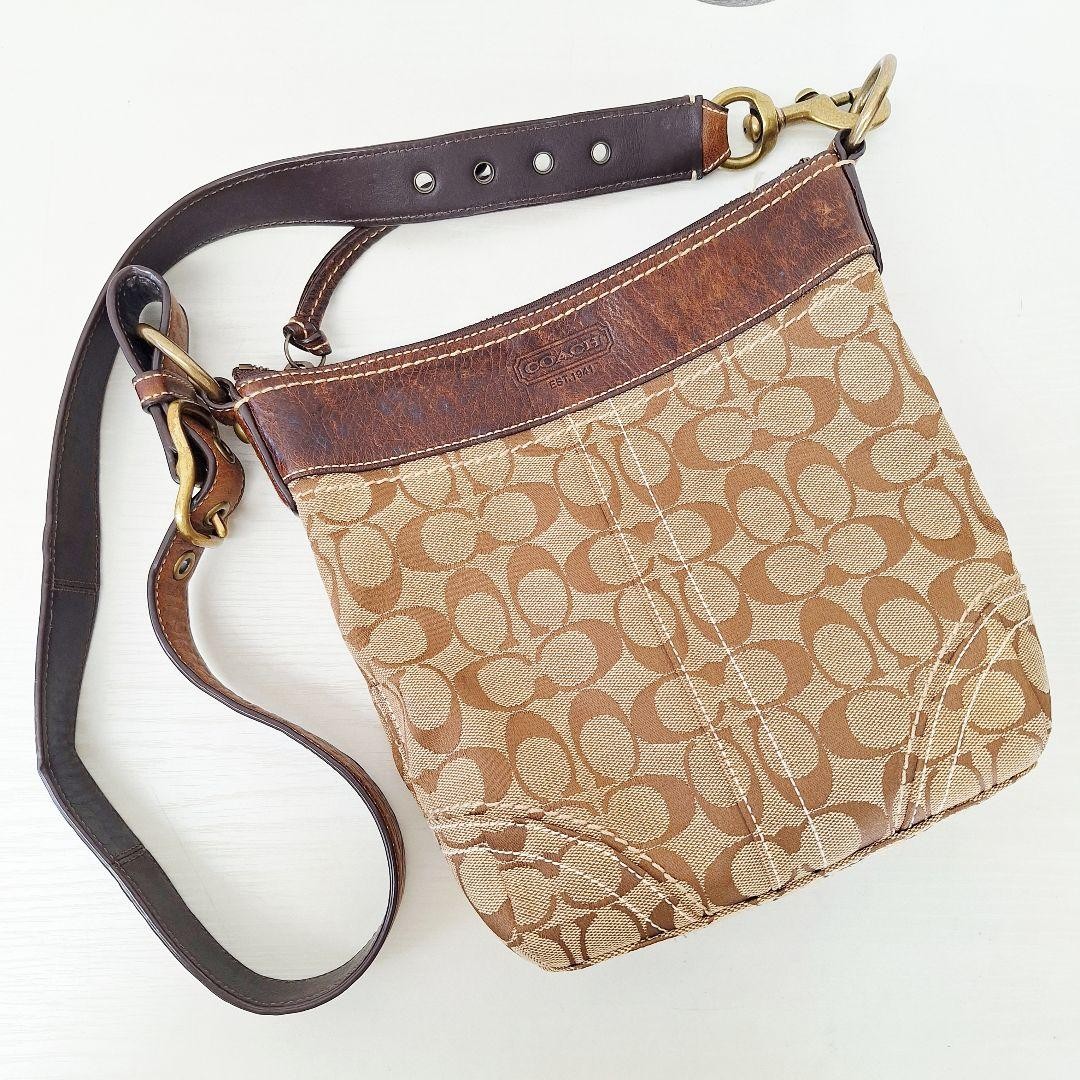 COACH Shoulder Bag 24cm Signature Brown Adjustable Strap