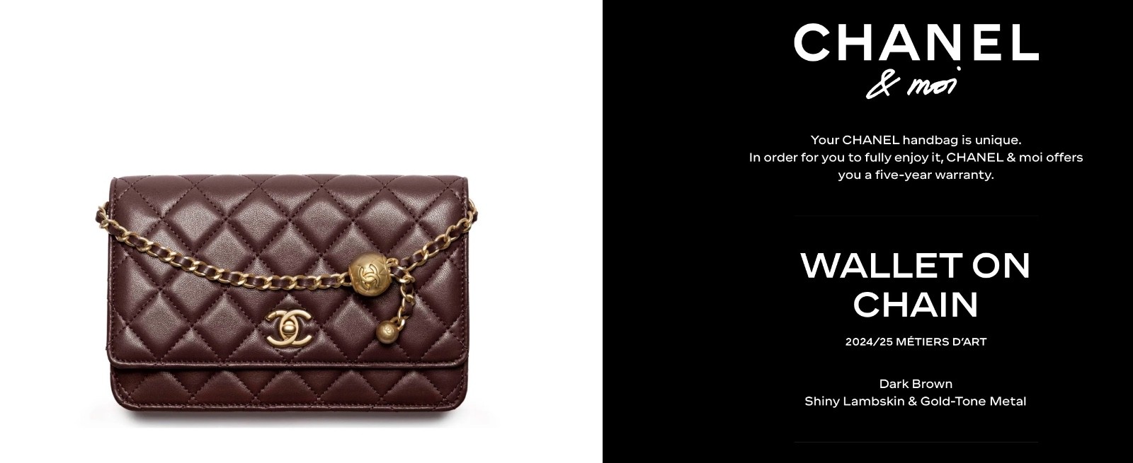 RARE 24/25S CHANEL Wallet On Chain Dark Brown Shiny Lambskin & Gold-Tone Metal