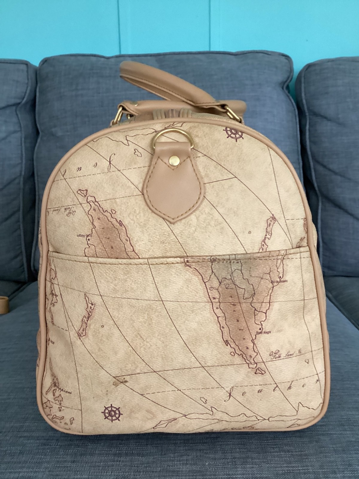 LEATHER TRIM VINTAGE 18 INCH WORLD MAP PRINT DUFFLE BAG WITH STRAP VGUC LOOK!