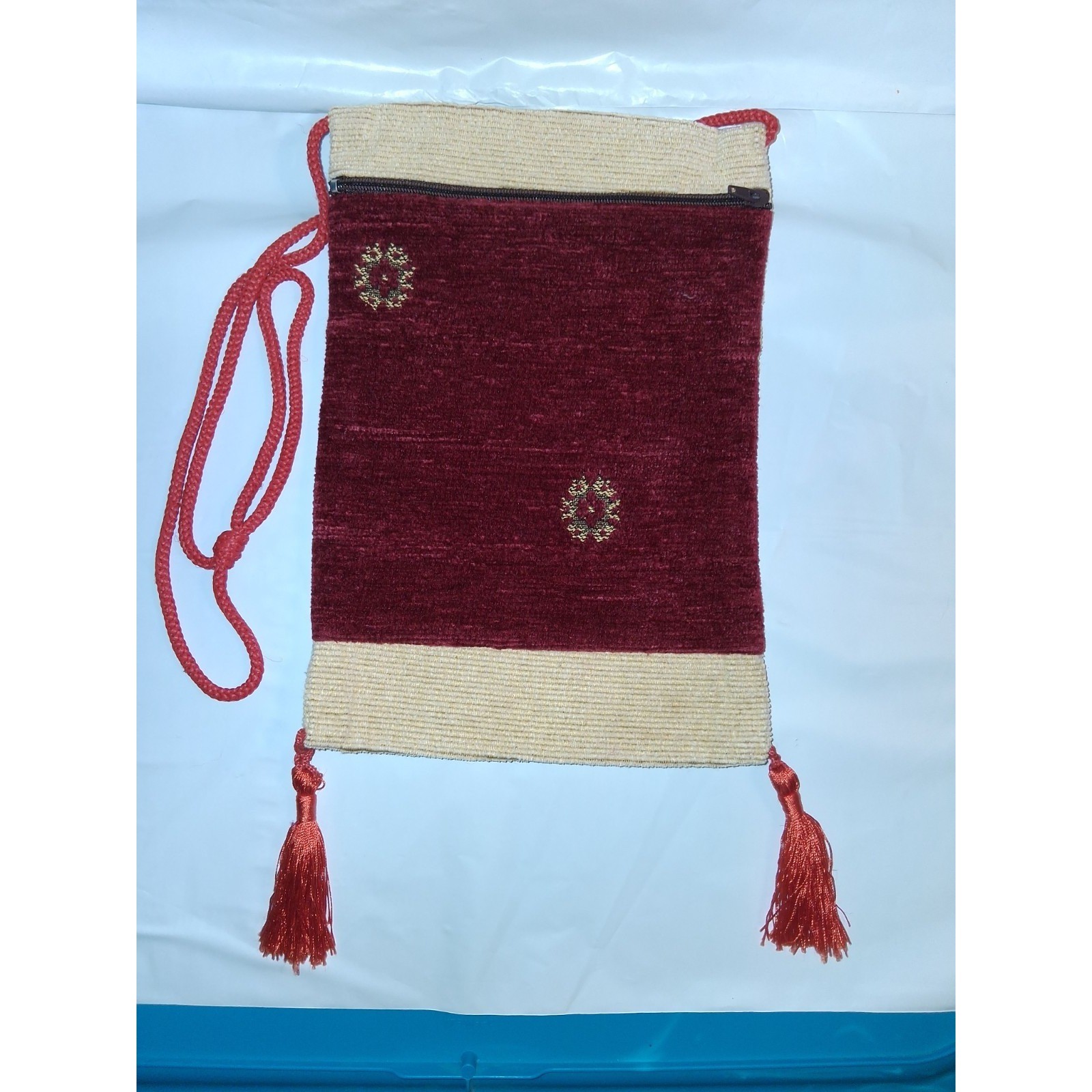Boho Embroidered Chenille Crossbody Bag Burgundy Cream Tassel Zippered Purse