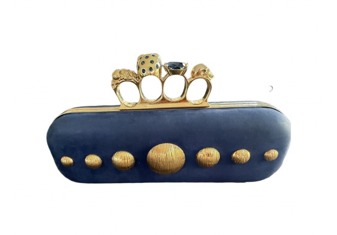 Alexander McQueen Blue Suede Skull Knuckle Clutch Gold Hardware Studded Dust Bag