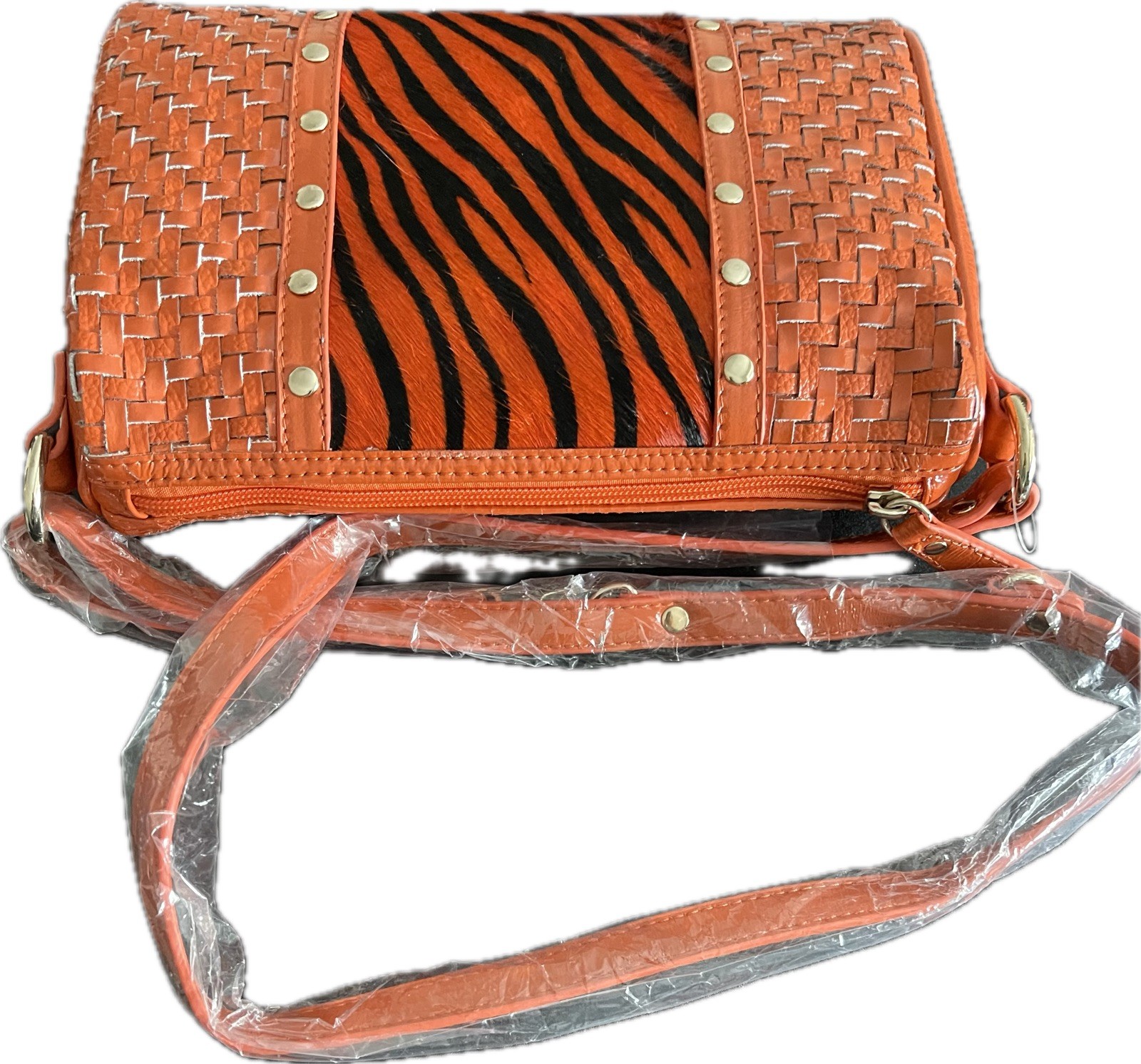 NWT Vtg SHARIF 1827 Orange Zebra Print Crossbody Bag Deadstock Cowhide Woven NEW
