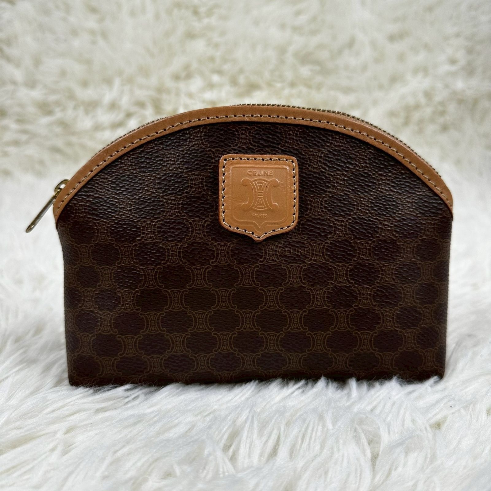 CELINE OLD MACADAM Triomphe M13 Brown Leather Makeup Pouch Cosmetic Bag Auth