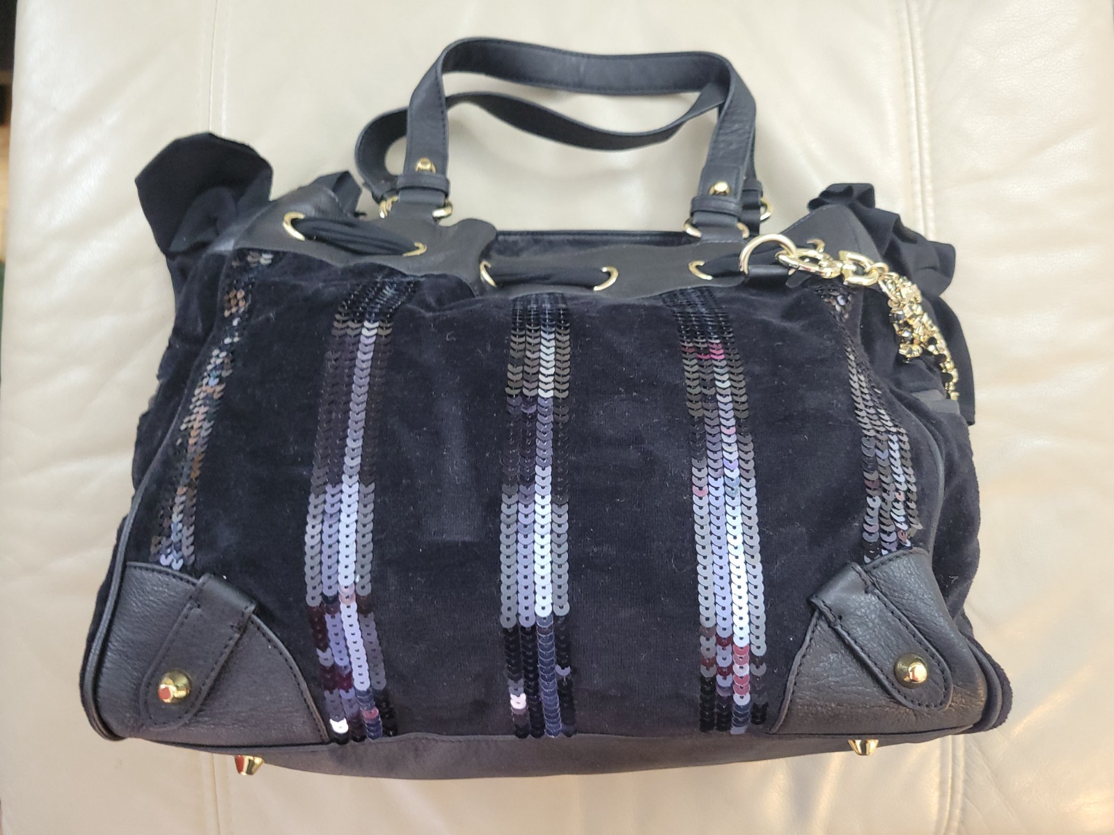 Vintage Black Velour Juicy Couture Daydreamer Shoulder Bag with Sequin Stripes