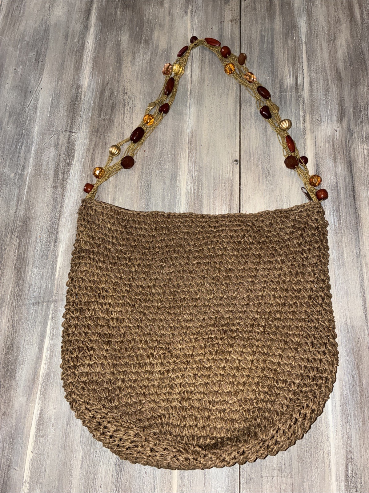 Cappelli Purse Crocheted Straw Brown Beaded11”H,14”W,7”D,12”st. Drop Beach, Boho