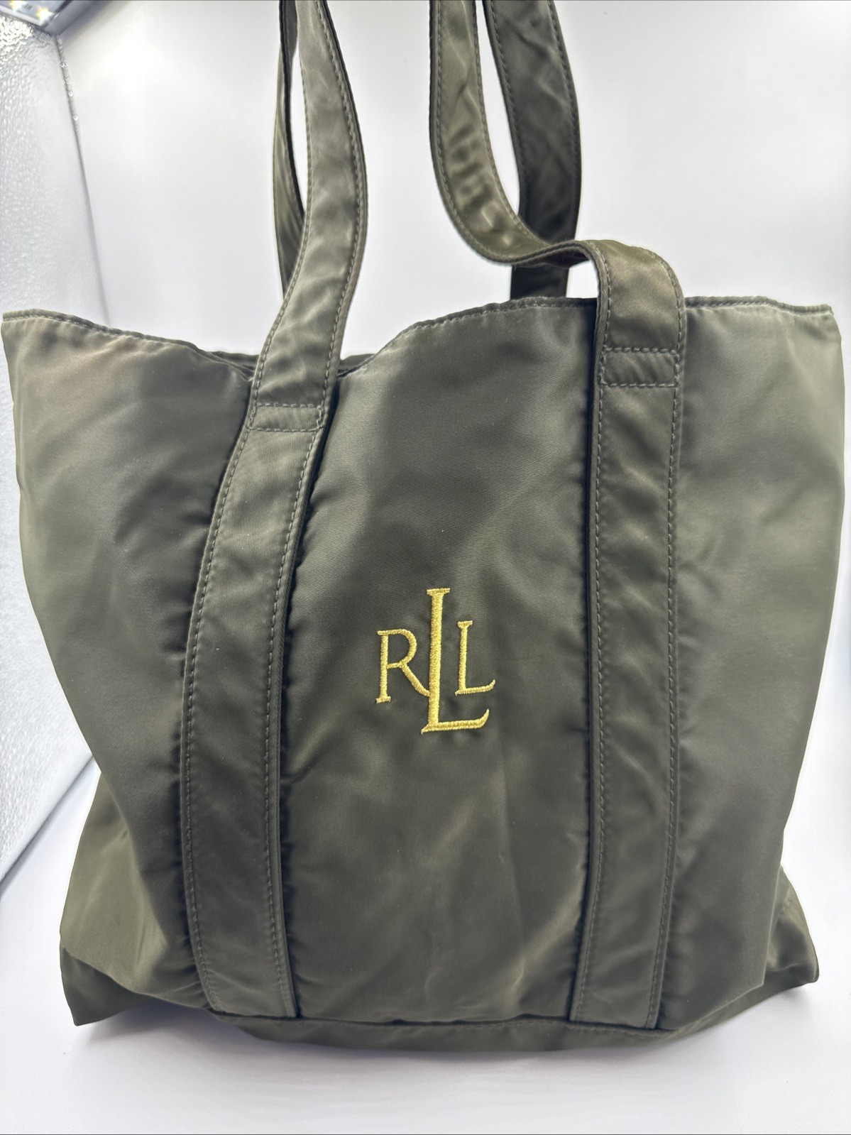 LAUREN RALPH LAUREN Open Top 15″x12″ Tote OLIVE Green Monogram Logo Bag RLR