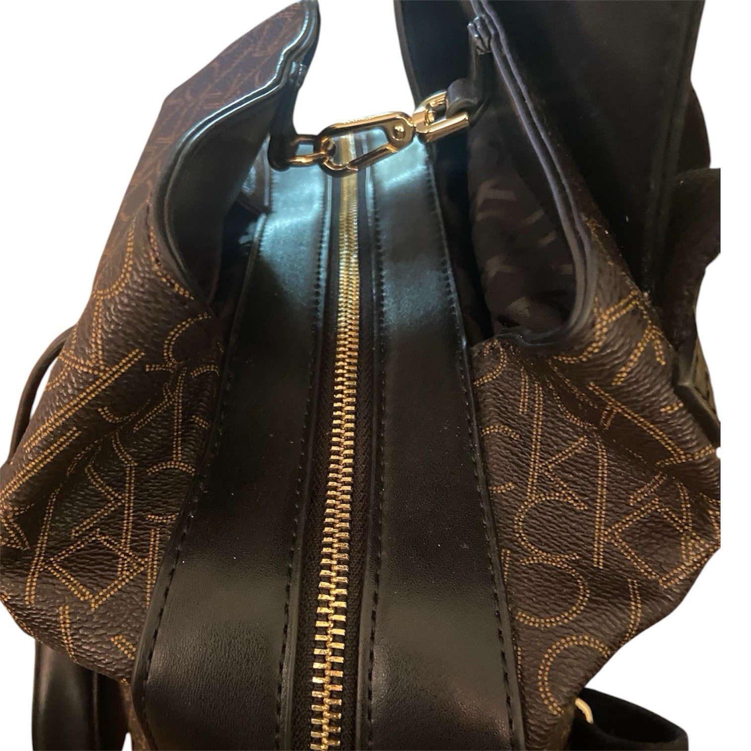 Calvin Klein Brown/Black Monogram Backpack Top Handle Zip Adjustable Strap Charm