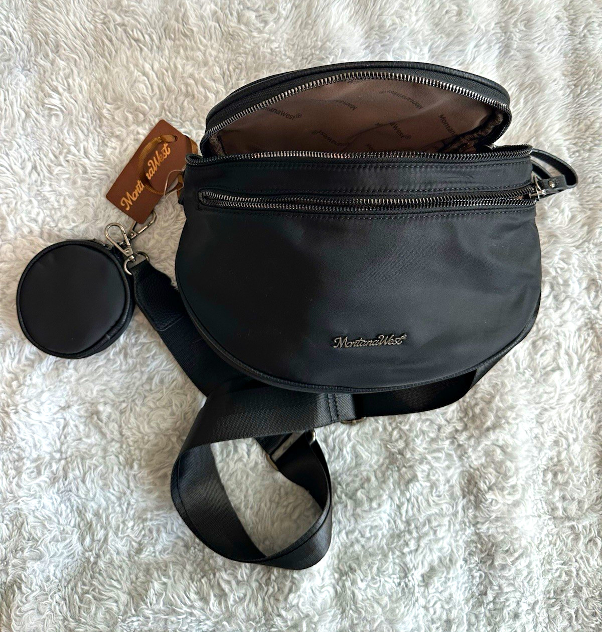 Montana West Black Crossbody Bag, Zip Closure, Detachable Coin Purse, Pockets