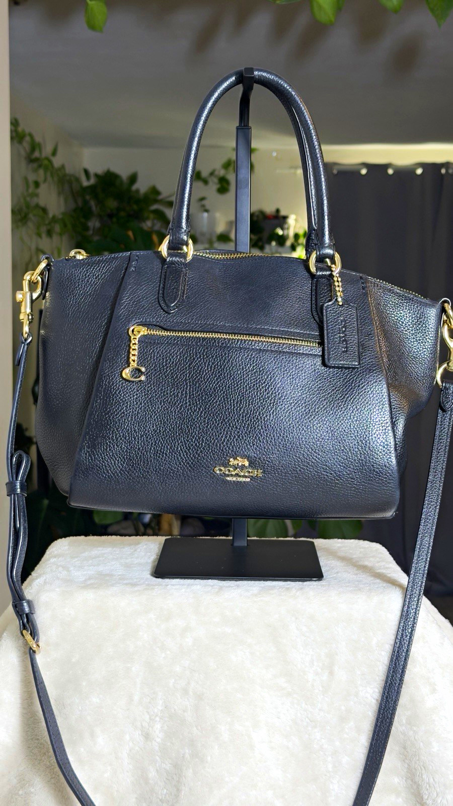 COACH Black Pebbled Leather Elise Satchel Crossbody Shoulder Bag Gold Logo 79316