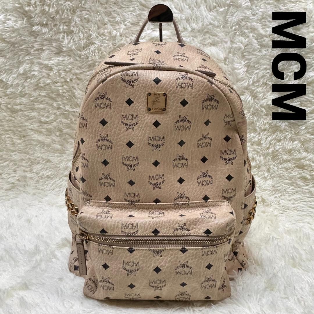 MCM Leather Backpack Cream Side Studs 16x13x9 in, Used