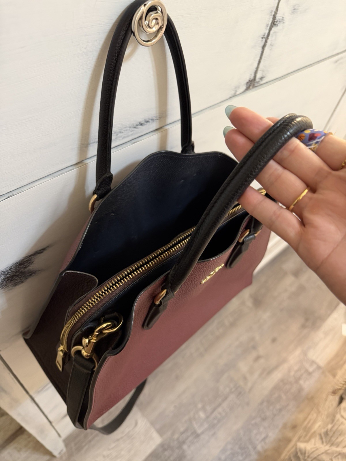 COACH Burgundy/Black Pebbled Satchel Top Handle Zip Bag w/ Detachable Strap