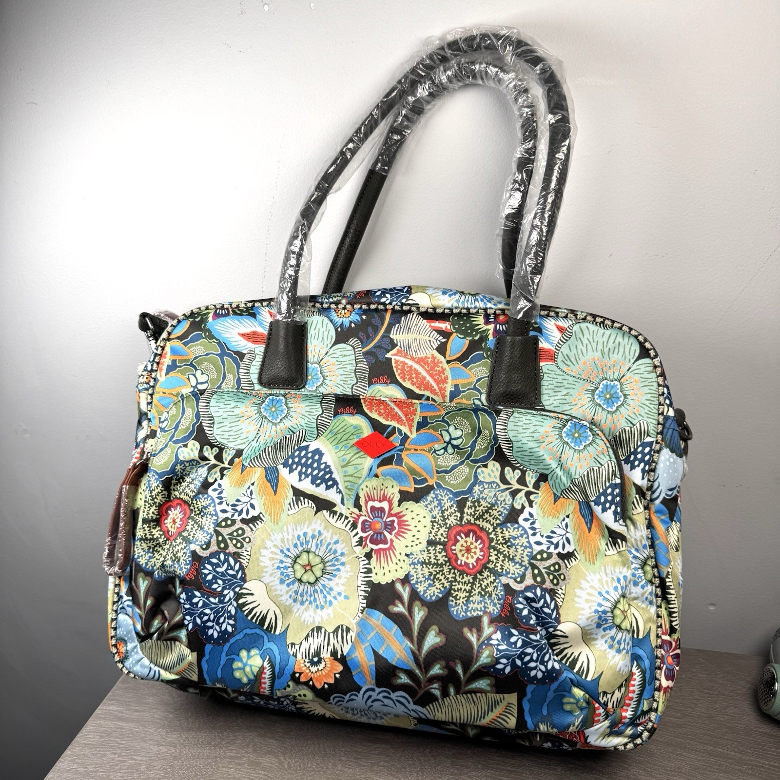 NWT Oilily Office Messenger Laptop Bag Weekender With Shoulder Strap Blue Floral