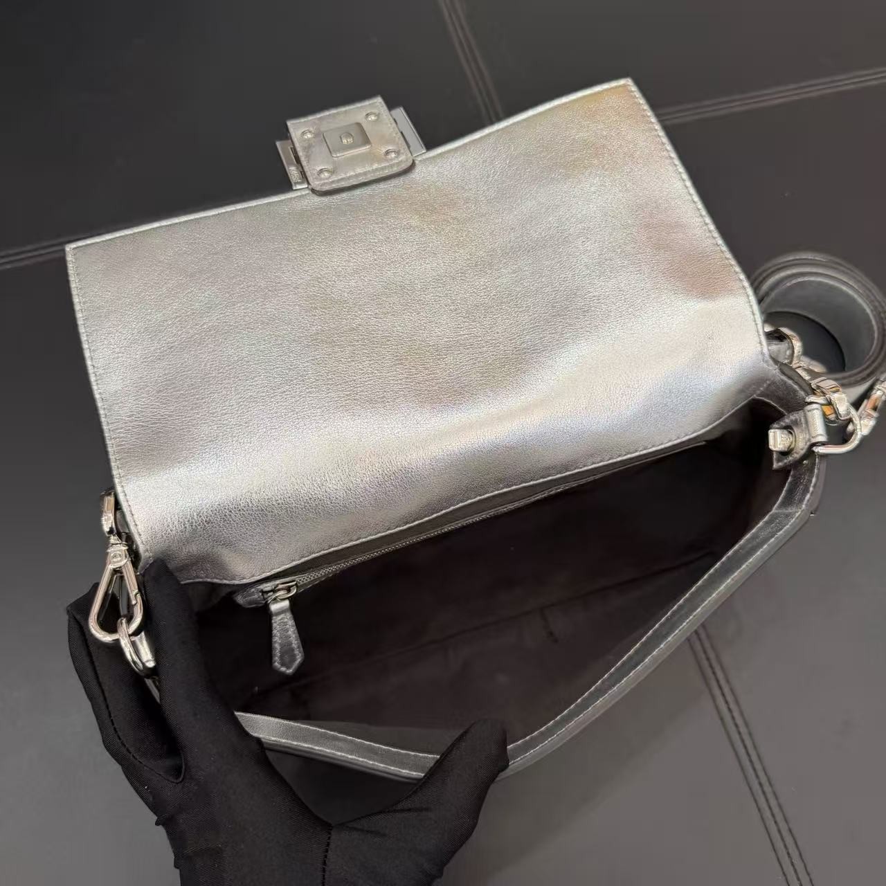AUTH Fendi Baguette Silver Mirror Geometric Studded Leather Silver Hardware