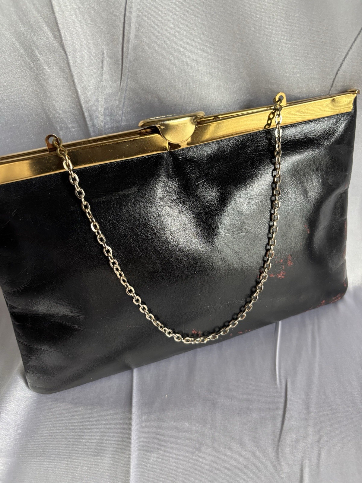 Vtg Etra Genuine Leather Clutch Bag Purse Black Hinge Flip ClaspChain Strap READ