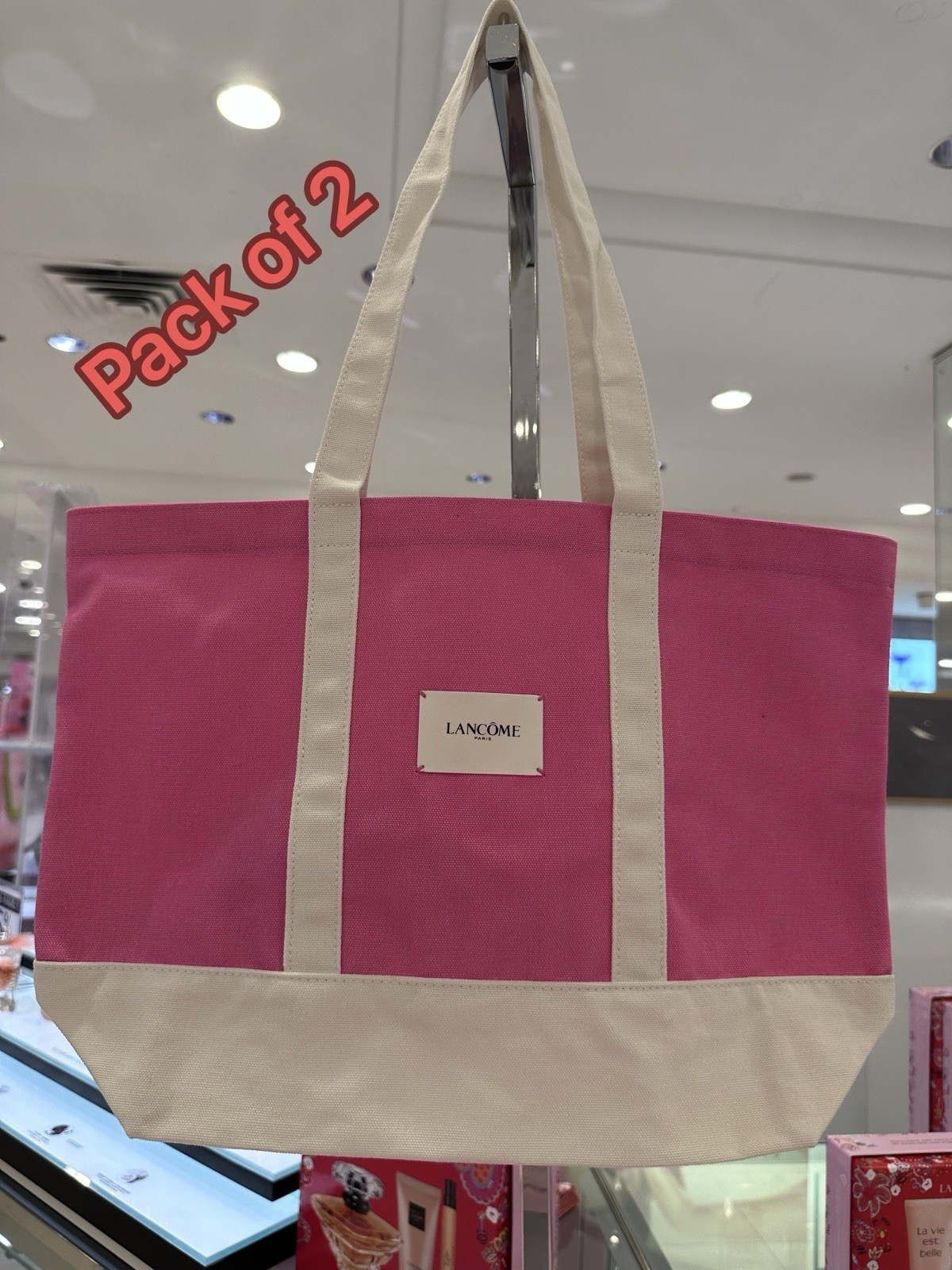 Pack Of 2 LANCOME Tote Bag Pink/White Canvas 15″x12″x5″
