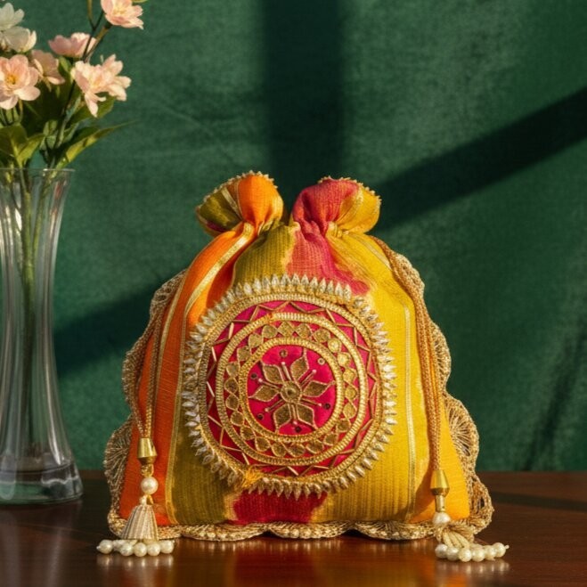 Indian Panchranga Gotta Handwork Flower with Pearl Lace and Handle Potli Bag