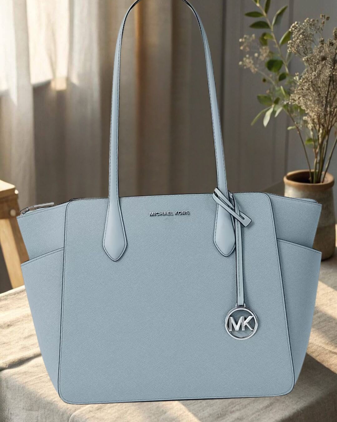 Michael Kors Marilyn Medium Handbag Purse Leather Shoulder Tote Bag Pale Ocean