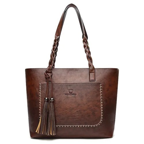 Vintage Western Leather Tote Bag Braided Strap Whipstitch Boho Shoulder Purse