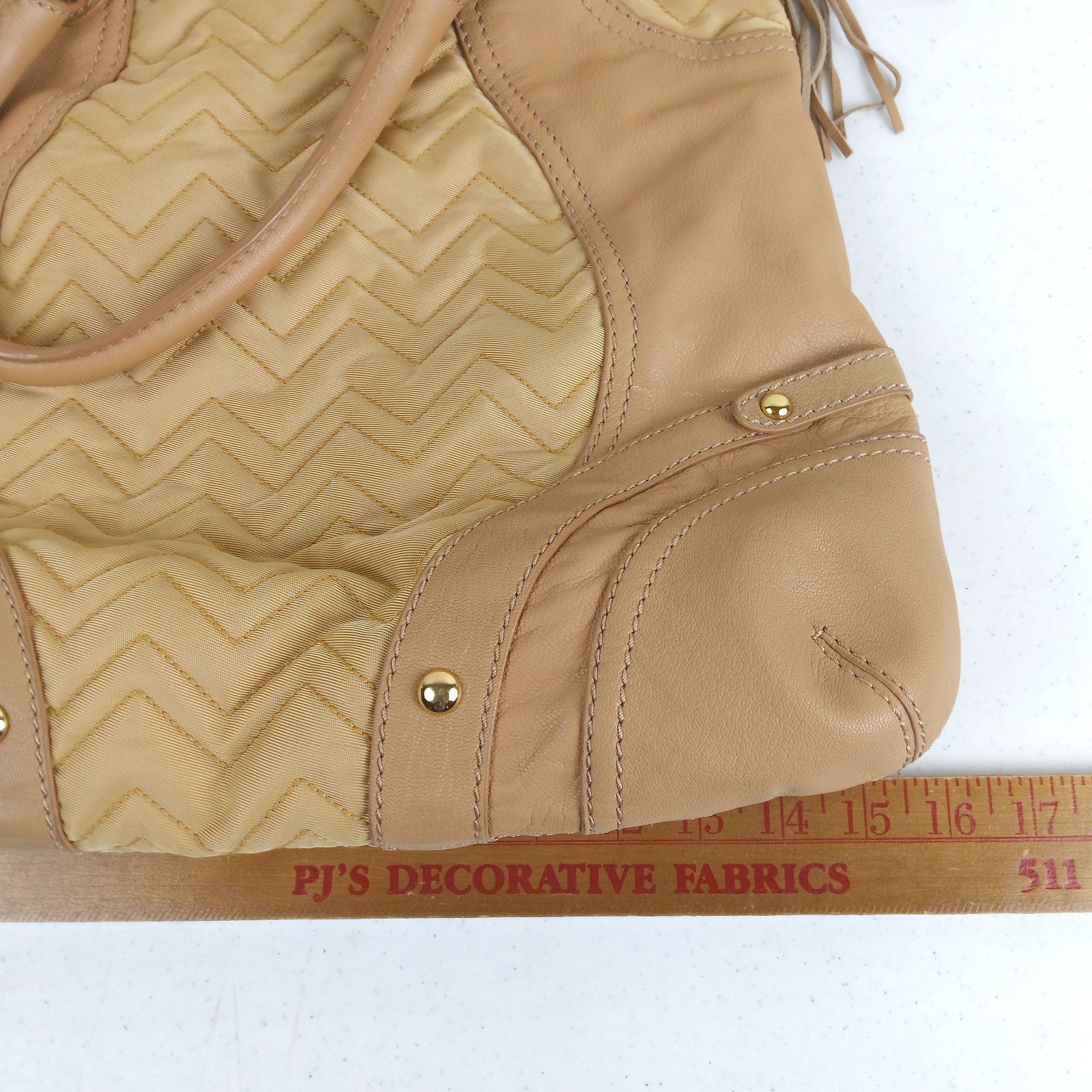 Via Spiga Shoulder Bag Double Strap Hobo Quilted Tan Fabric & Leather Purse