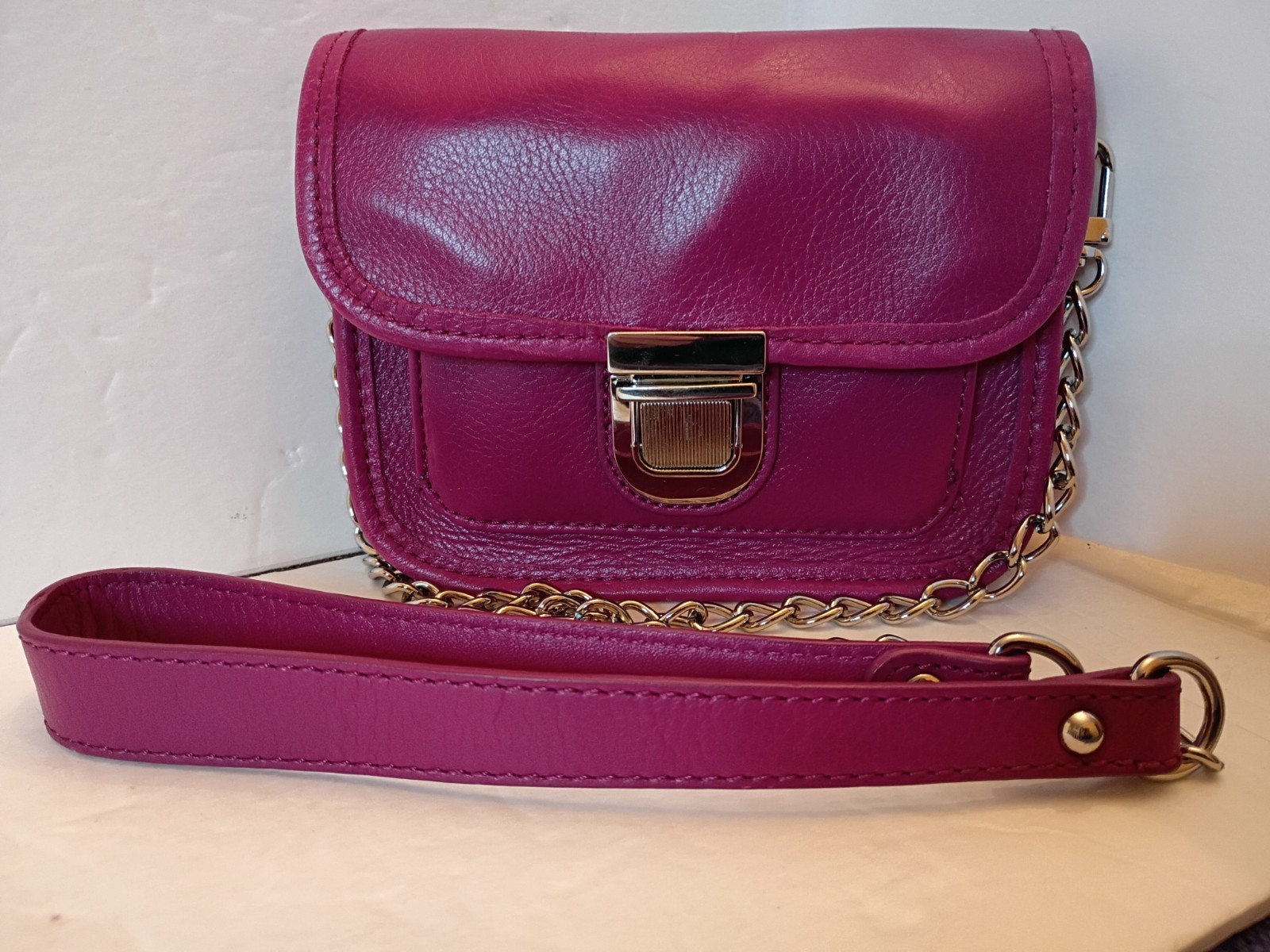 AUDREY BROOKE Fuscia Pink Leather Chain Strap Small Crossbody Bag