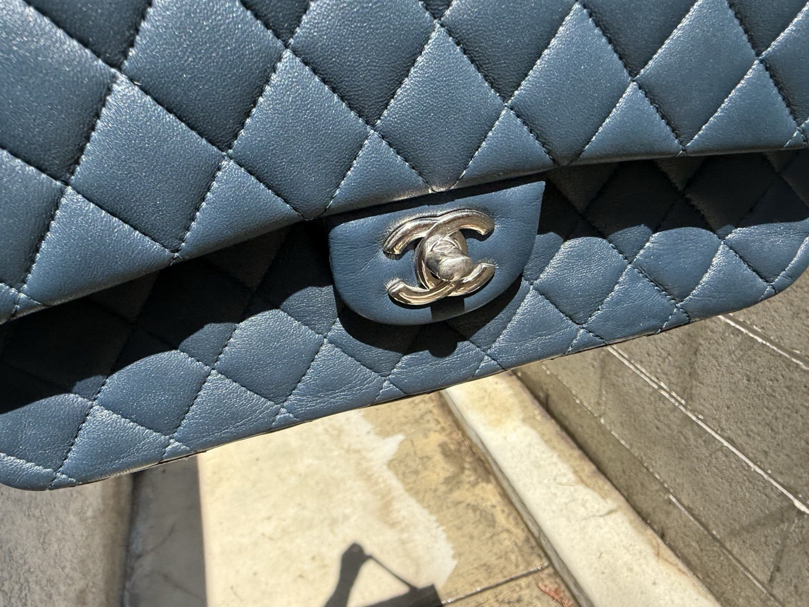 Chanel Classic Double Flap Medium Quilted Lambskin Navy Dark Blue Silver Hdw Bag