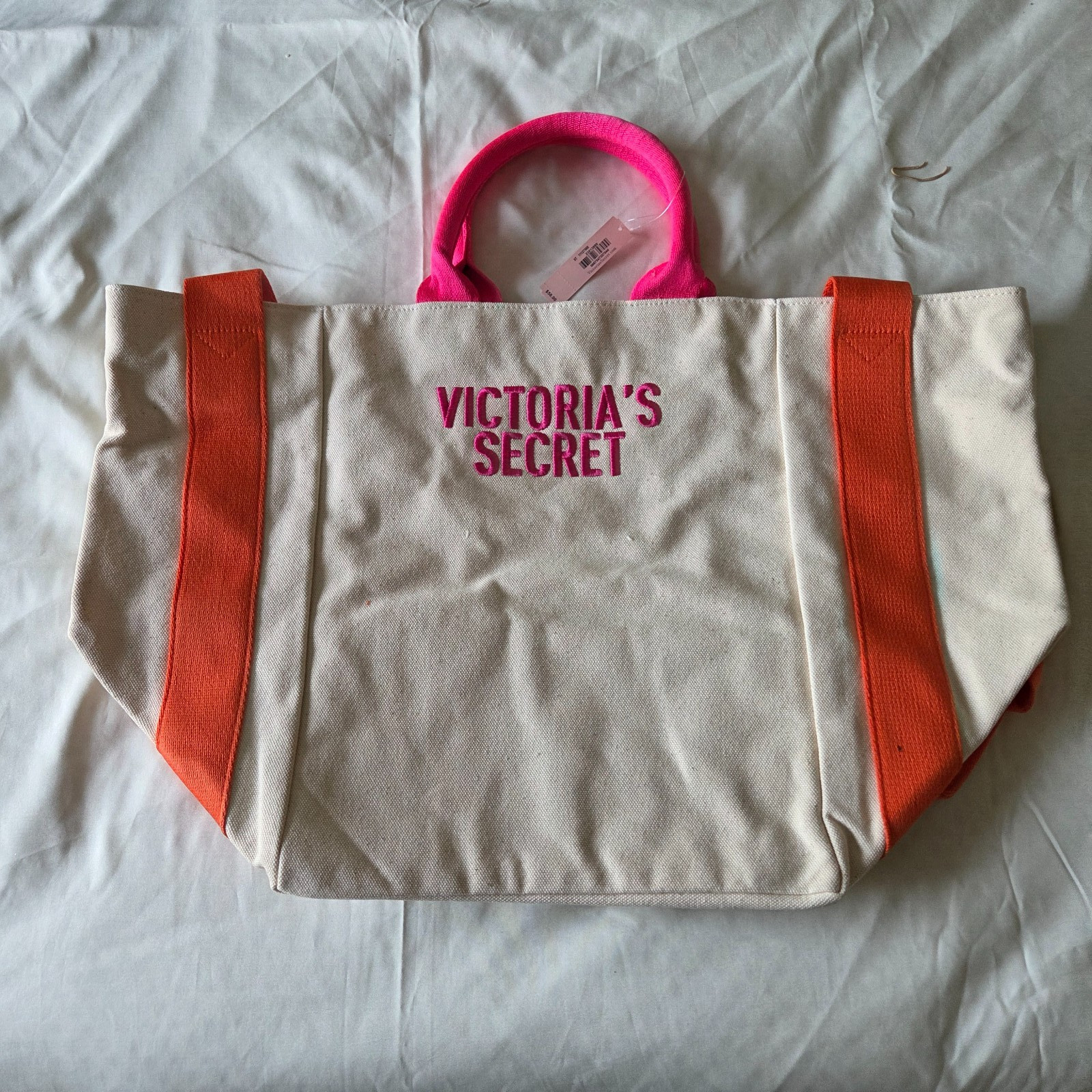 VICTORIA’S SECRET PINK LARGE BEIGE & ORANGE CANVAS BEACH TRAVEL TOTE BAG NWT