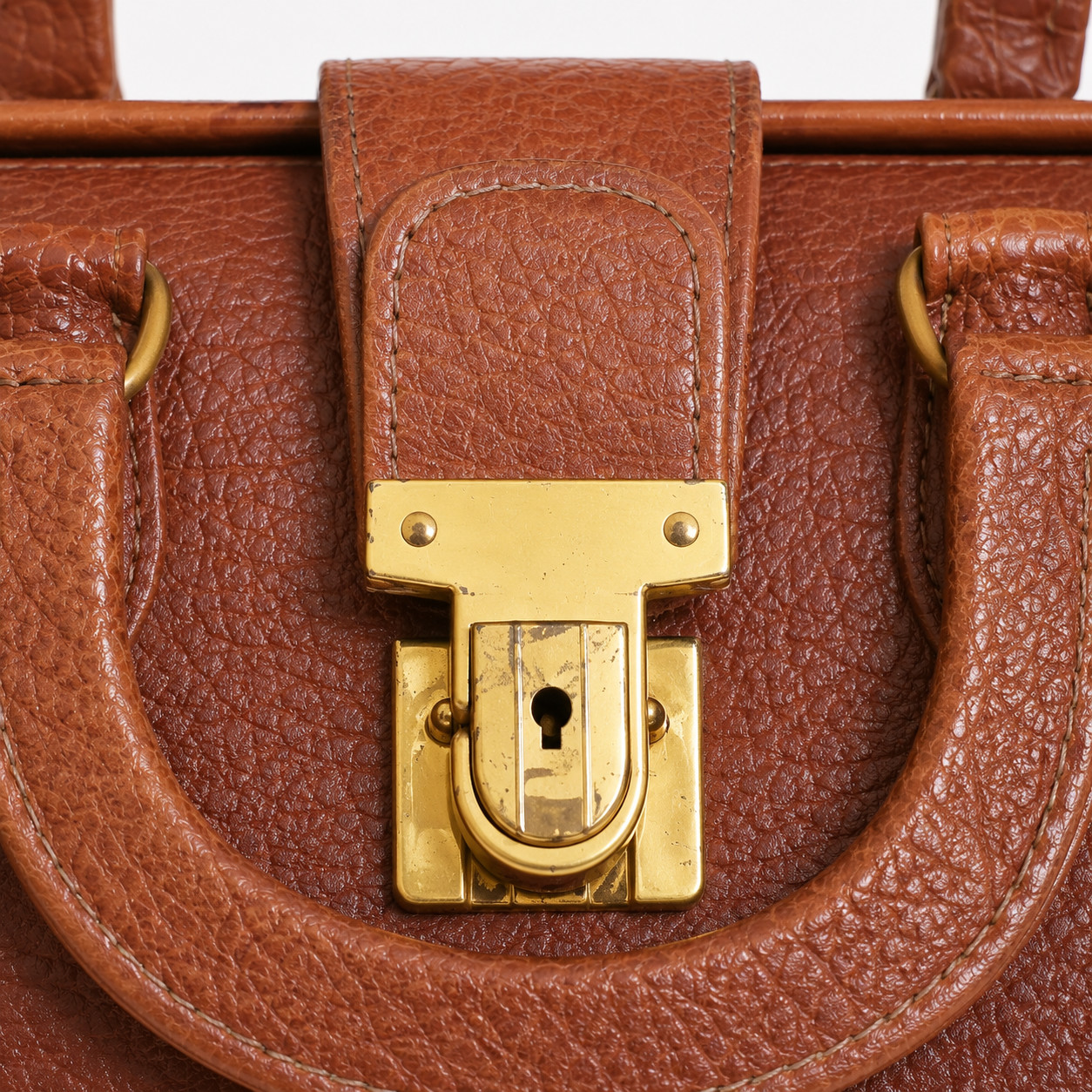 Vintage Leather Doctor Bag Brown Top Handle Handbag Brass Lock Retro Satchel Pur