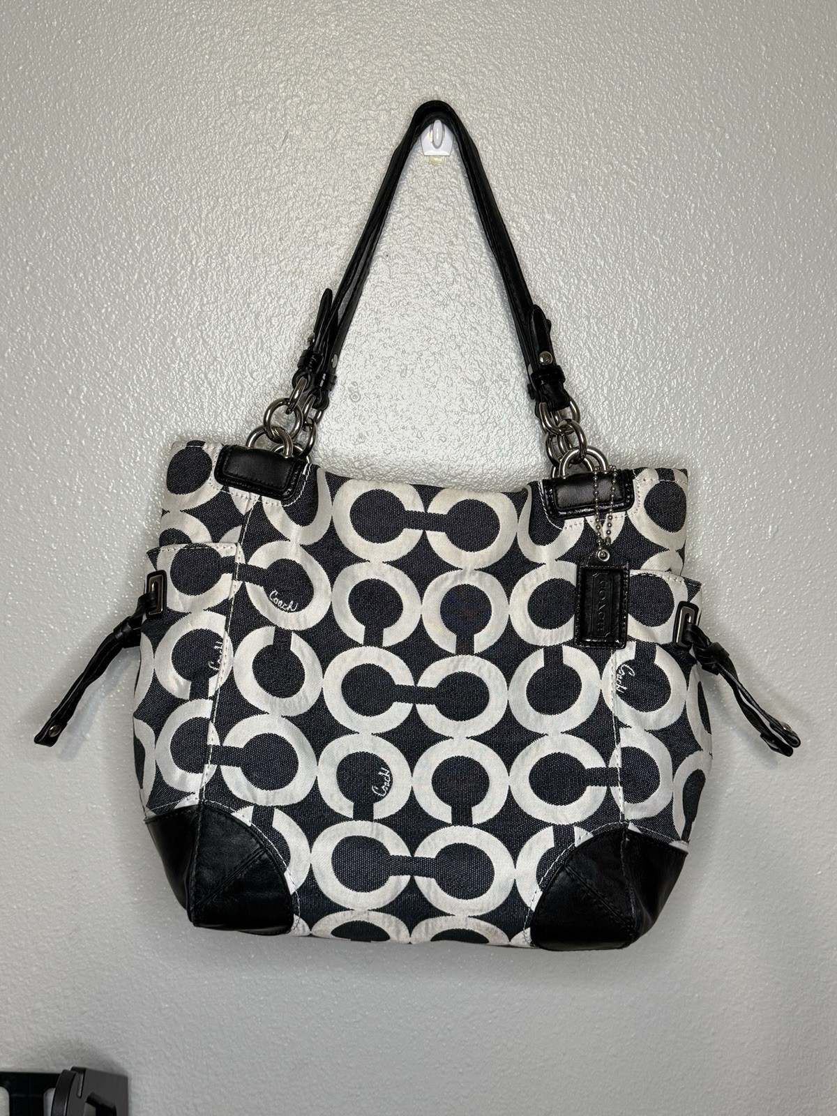 Coach Signature Op Art Draw String Sides Hobo Handbag Black White 14573