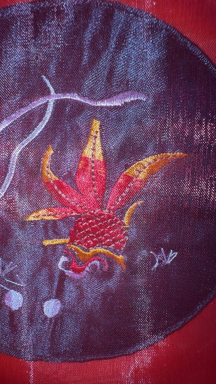 Vintage Asian Tote Handbag Red Satin Mesh Layer Koi Fish Embroidered Purse