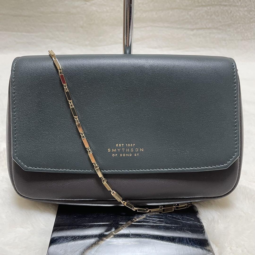 SMYTHSON Leather Chain Shoulder Bag in Green×Purple [VG] Limited From JAPAN