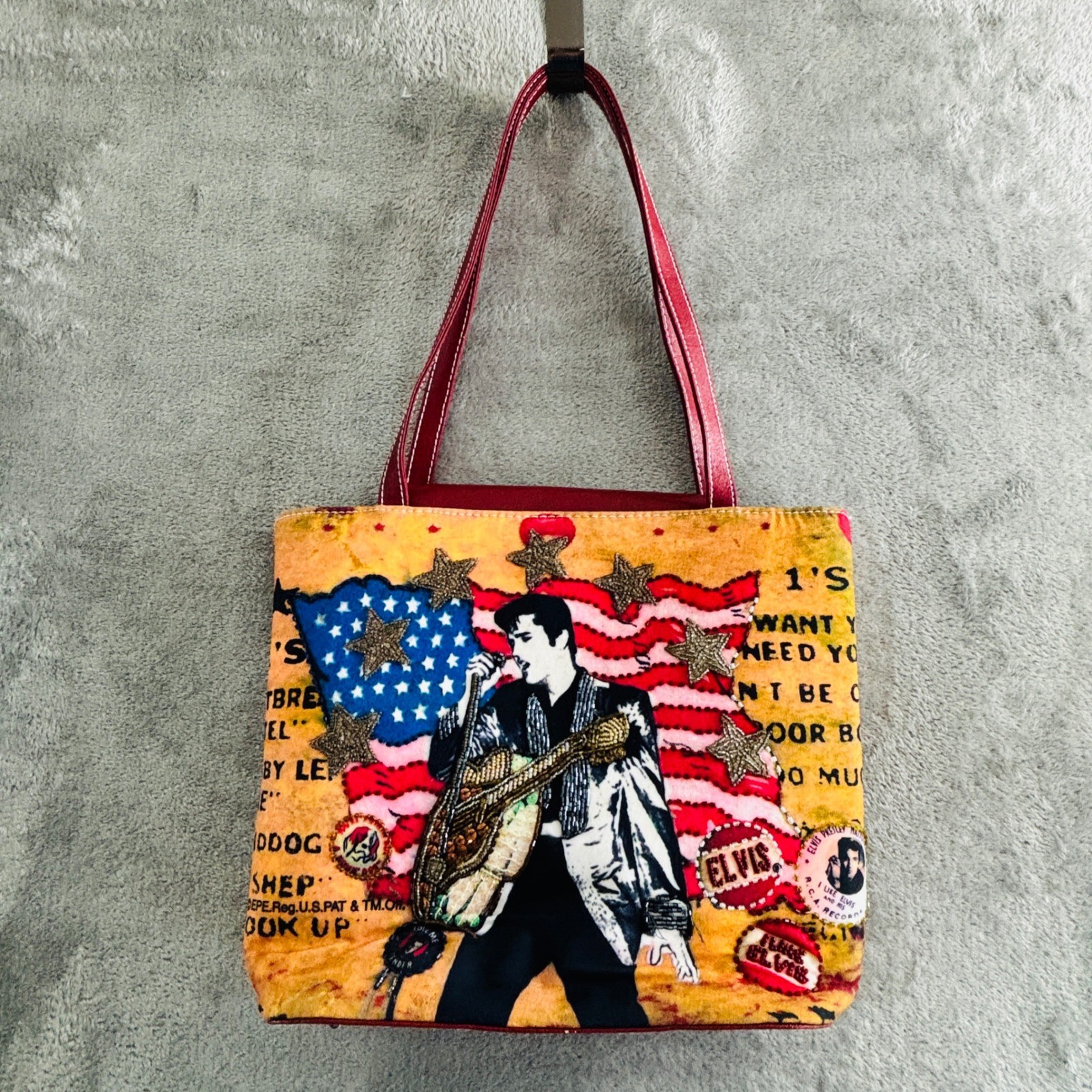Ashley M Elvis Presley Beaded Tote Bag Purse American Flag Red Multi Patriotic