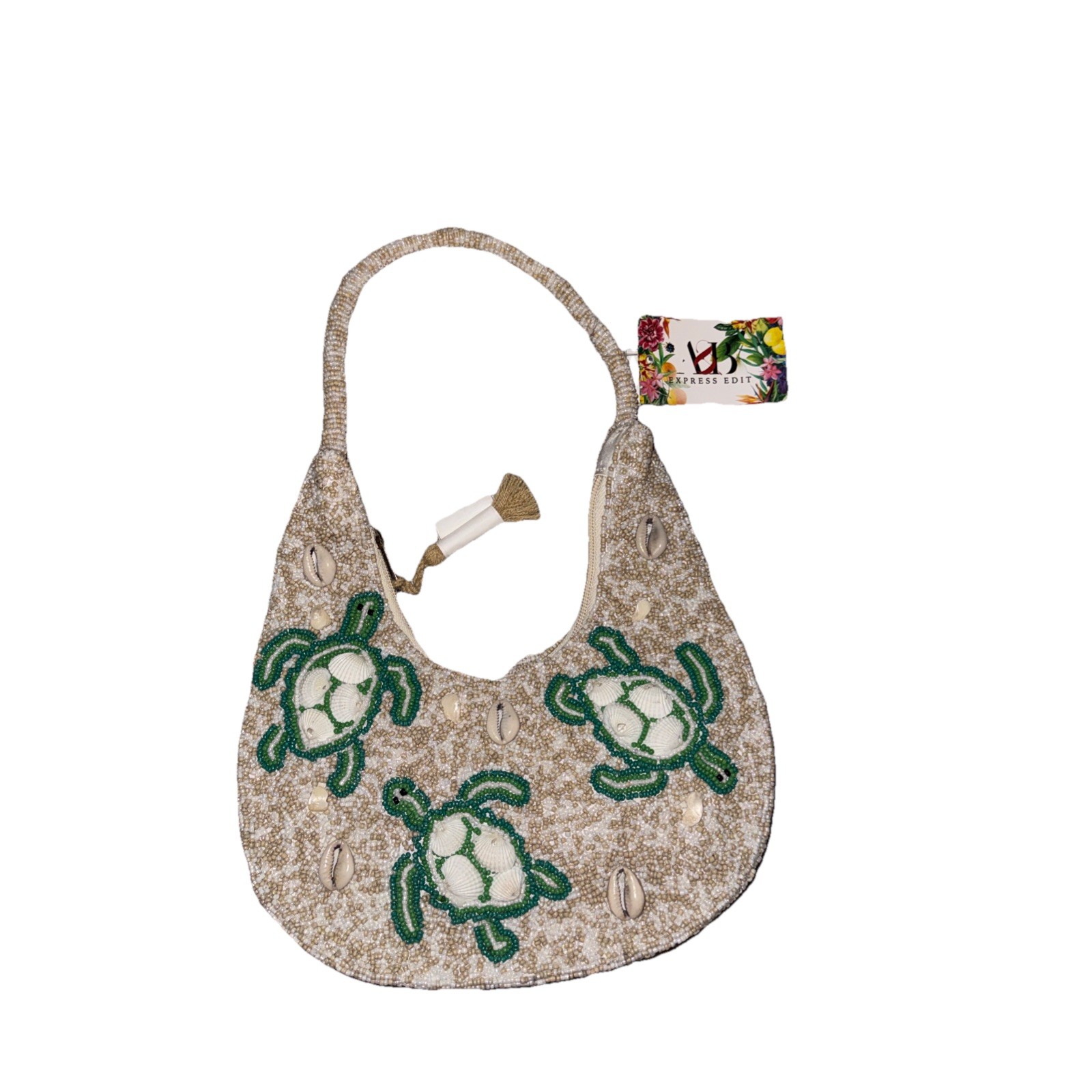 Viral Express Edit Beaded Sea Turtle Beach Bag Coastal Resort Shell Purse NWT