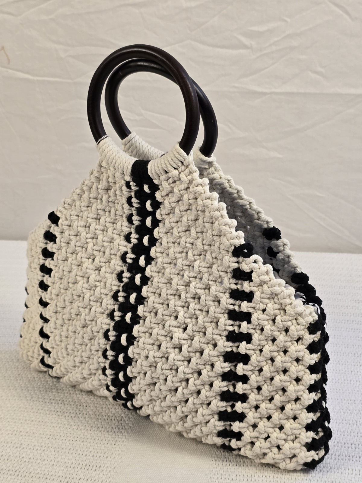 Black & White Striped Crochet Top Handle Bag, Plastic Ring Handles, Lined