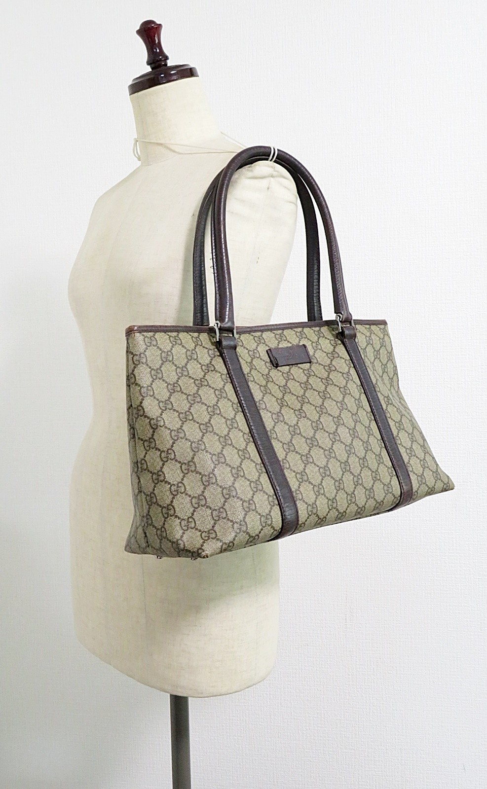 Authentic GUCCI Brown GG PVC Canvas Supreme and Leather Tote Bag Purse #63476