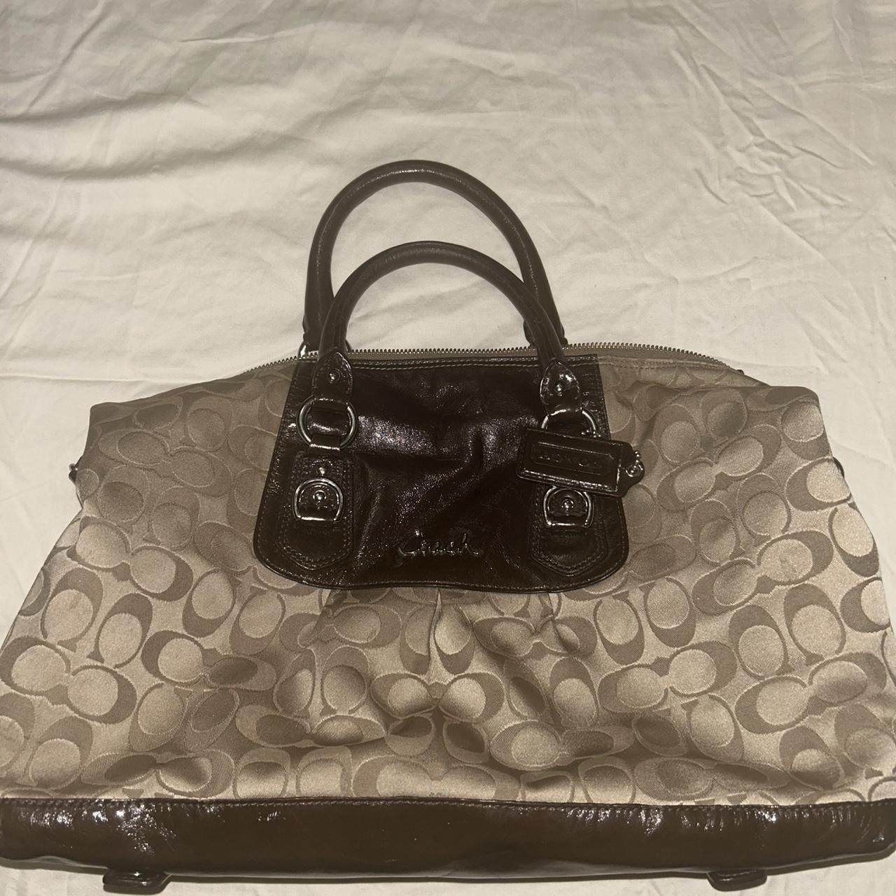 Coach Logo Pattern Satchel/Top Handle Bag Beige Brown Zip Detachable Strap