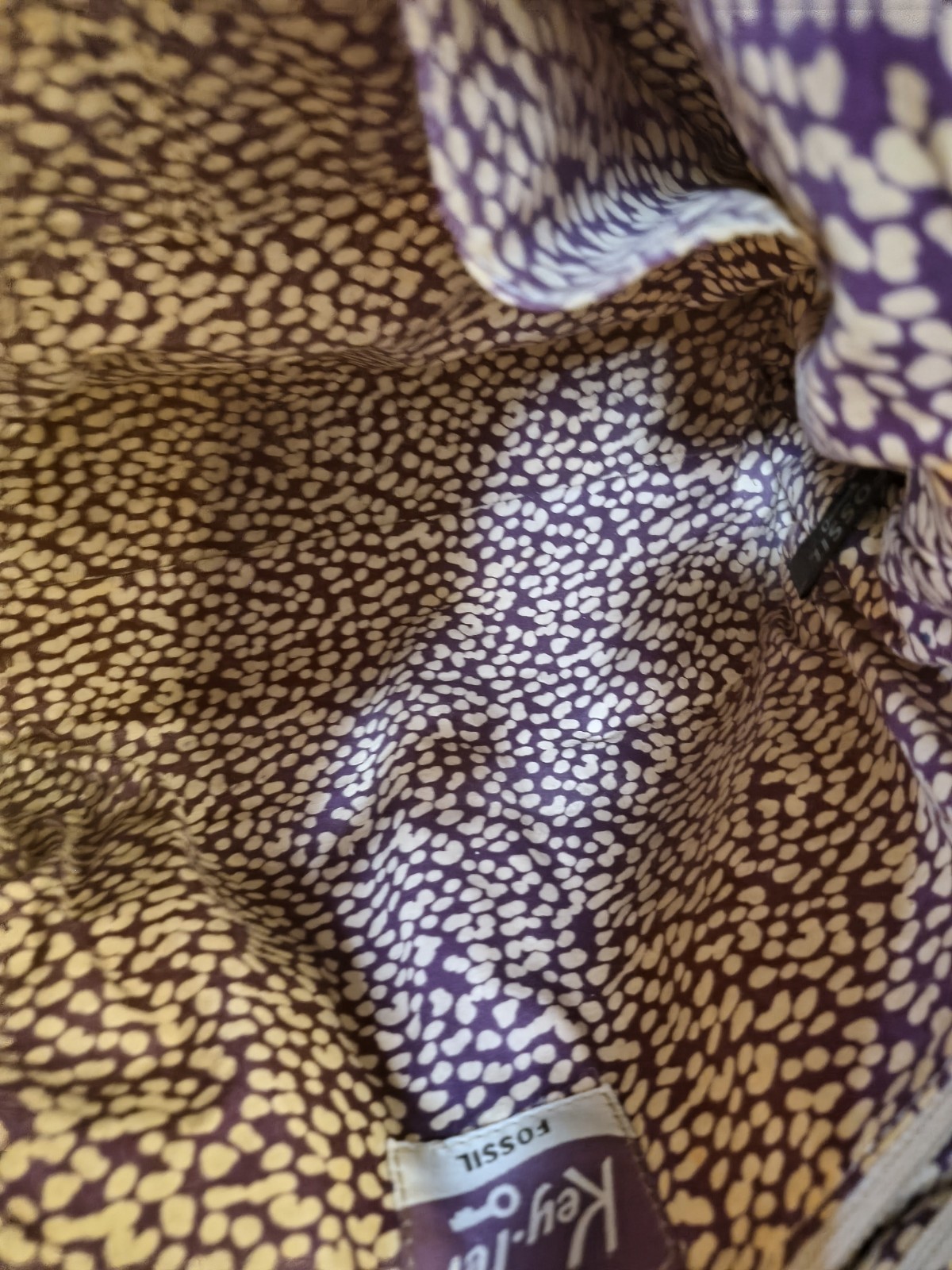 Fossil Bird Print Tote Bag Zip Top, Double Handles, Key, Brown Gray Purple