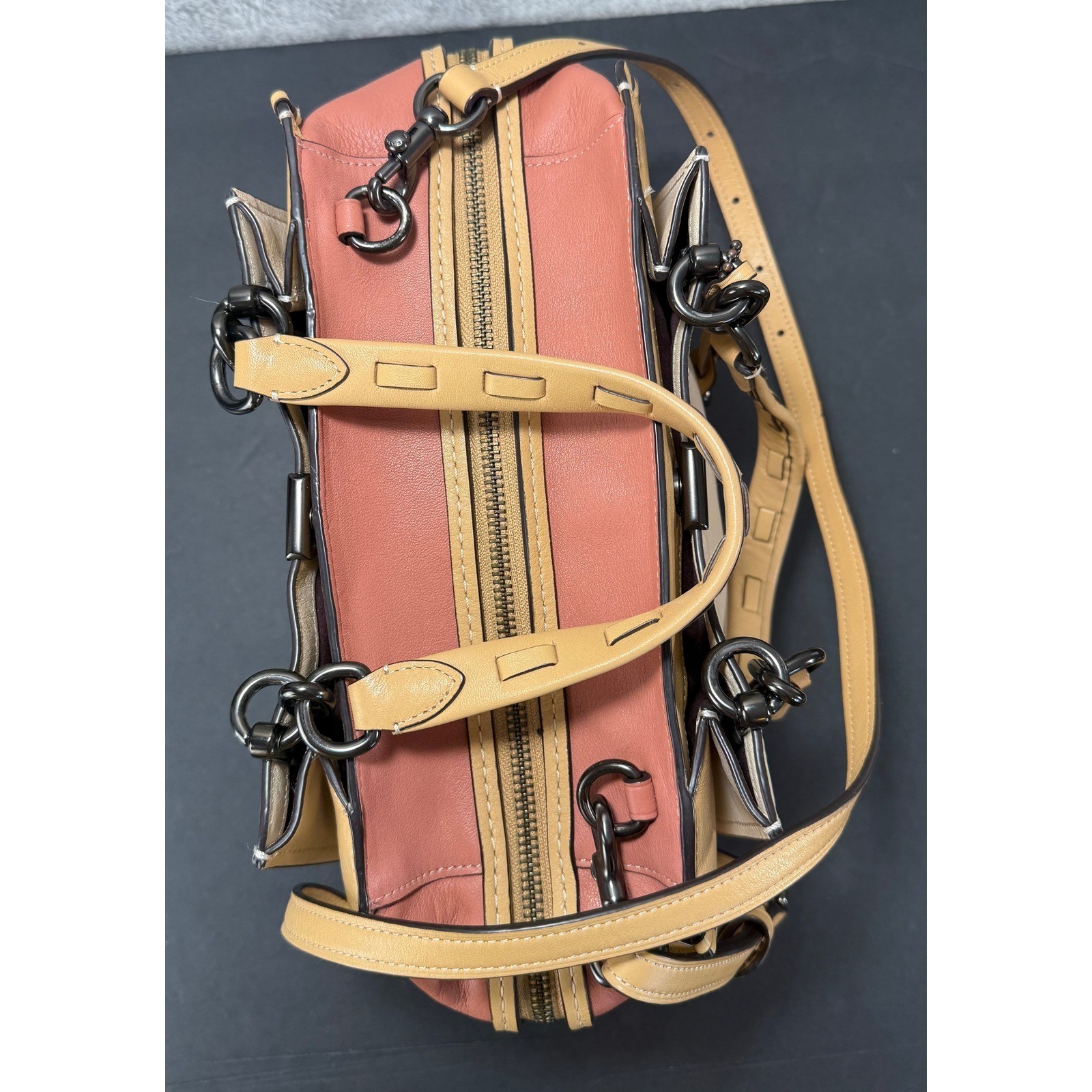 Coach Dreamer 21 Satchel Women Small Cream Tan Pink Whipstitch Leather Handbag