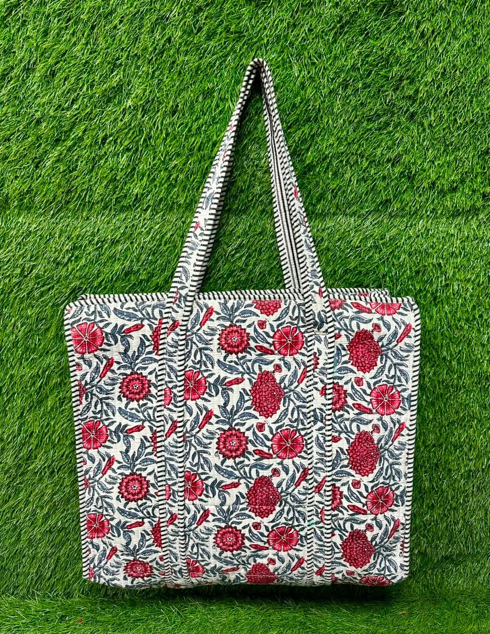 Indian Red Floral Print Tote Bags Handmade Woman’s Large Beach Shopper Handbags