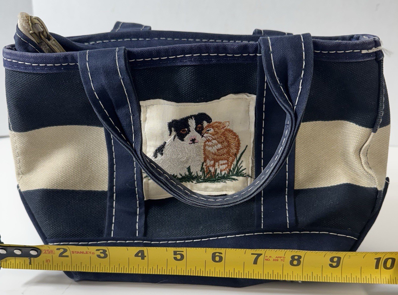 Vintage LL Bean Mini Boat and Tote Bag Navy White Rugby Stripe Cat Dog Made USA