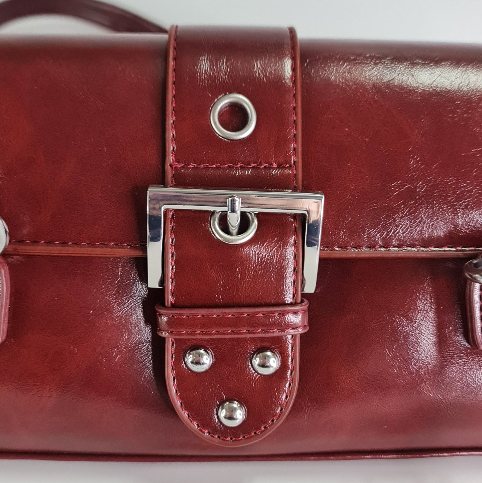 Burgundy Patent Look Shoulder Bag Silver Stud Buckle East West Baguette Purse Ne