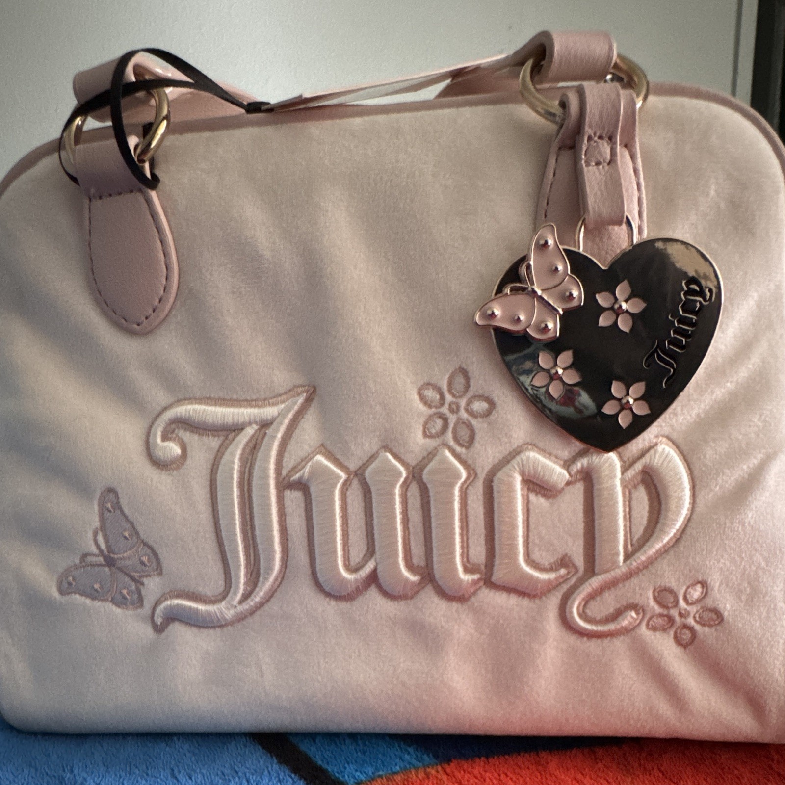 Juicy Couture Pink Small Satchel Top Handle Zip Bag Heart Charm Butterfly