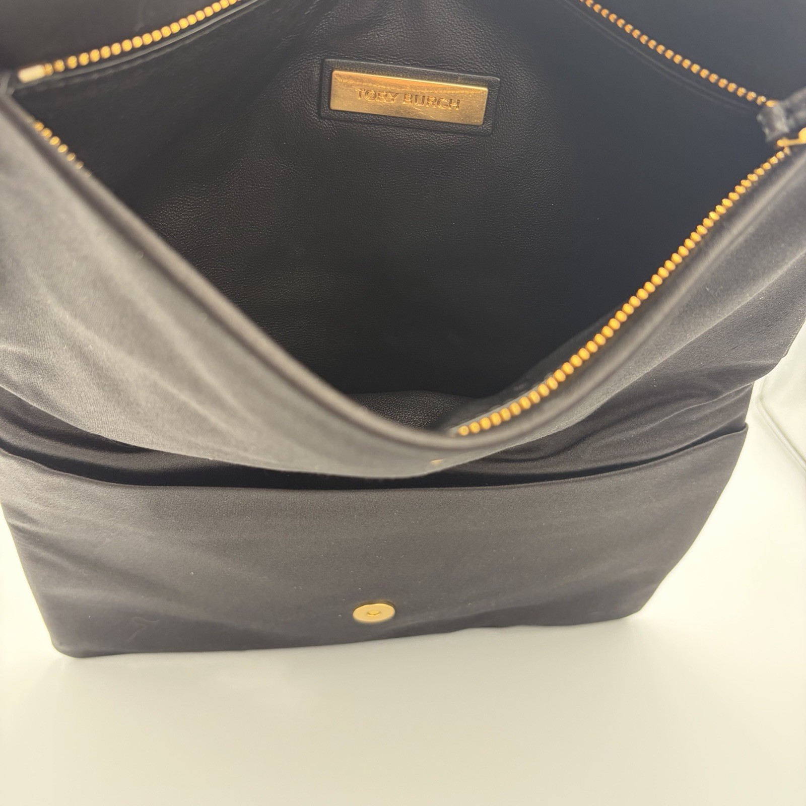 Tory Birch Eleanor Satin Bow Black Clutch Minimalist Luxury Handbag Elegant